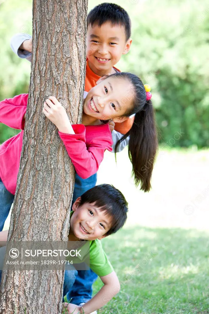 Portrait of children playing under a tree