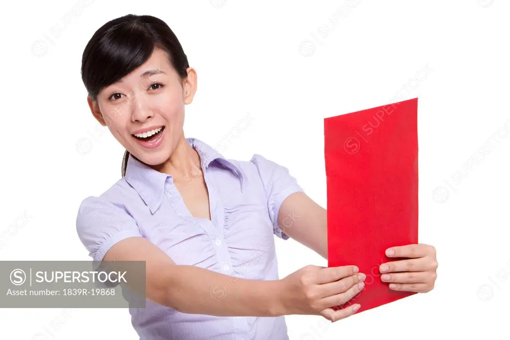 Portrait of a Businesswoman Holding Chinese New Year Envelopes