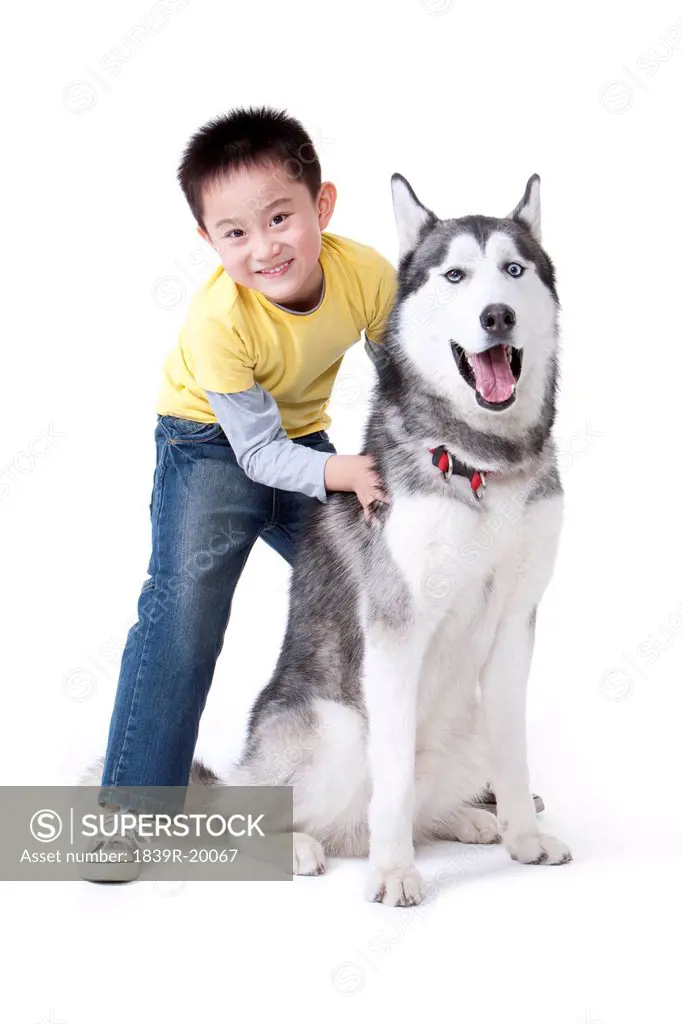 Cute little boy playing with a Husky dog