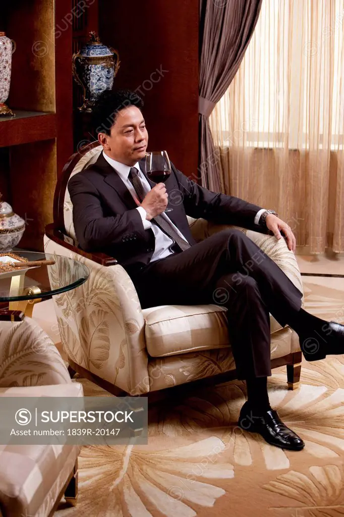 Mature businessman enjoying wine in a luxurious room
