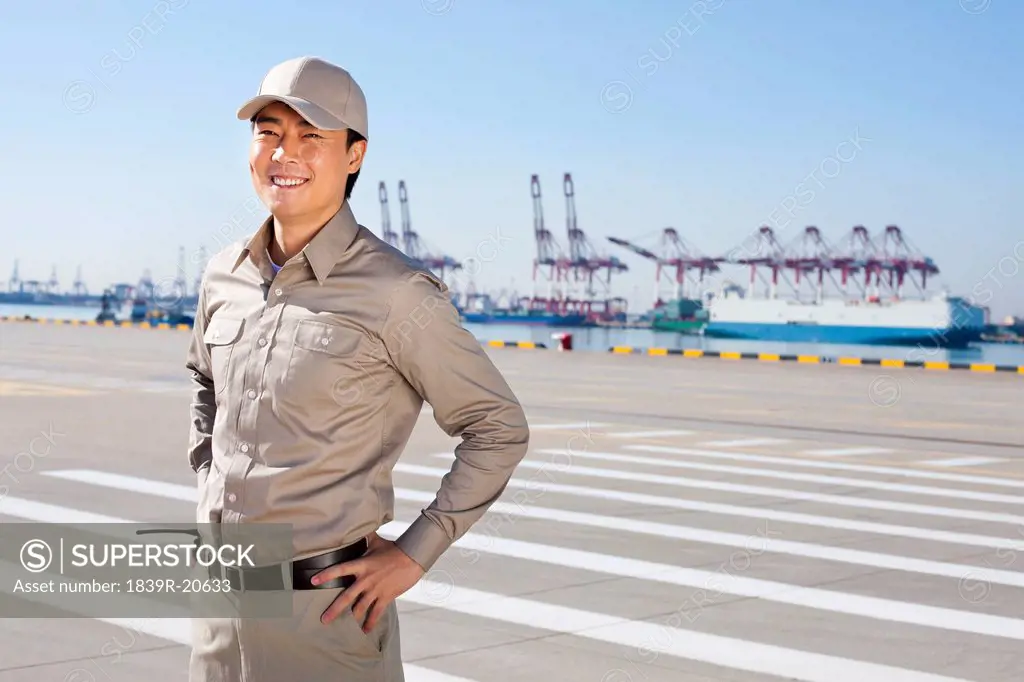Male shipping industry worker with shipping dock background