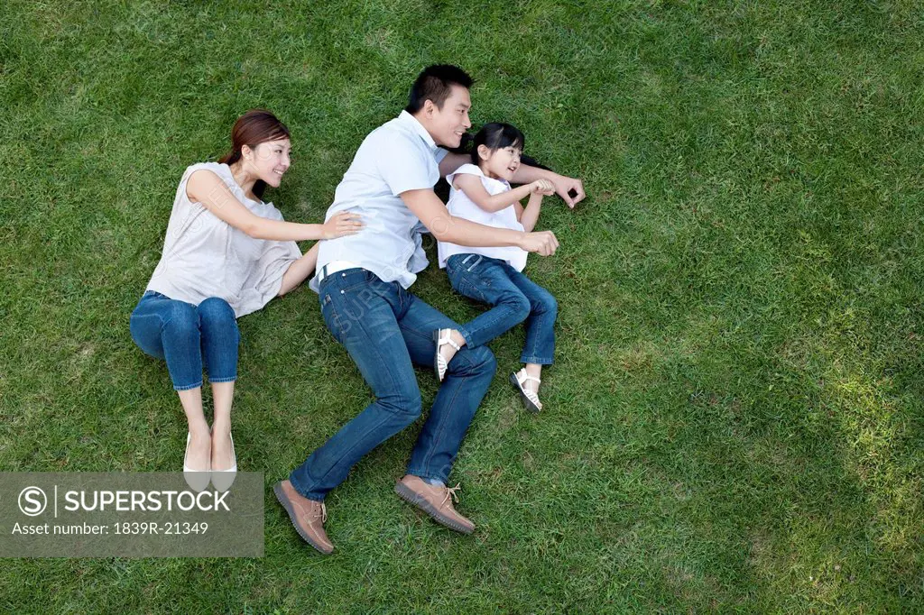 Young Chinese family playing on the grass