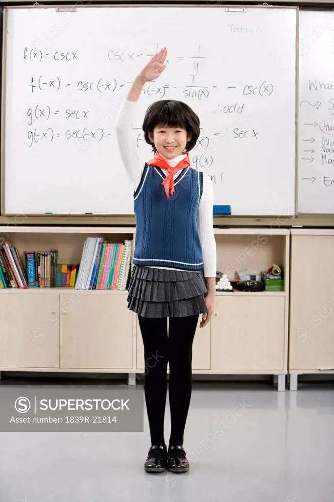 Young student saluting in front of whiteboard