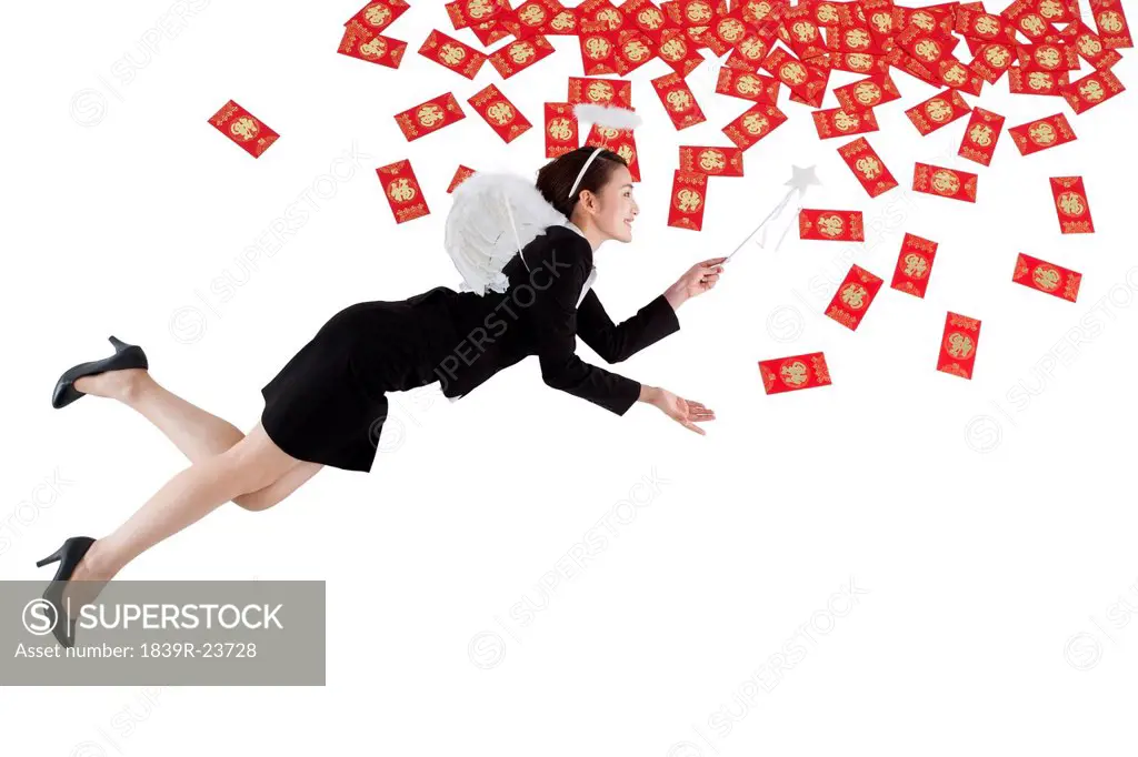 Businesswoman sending out Chinese Red Envelopes