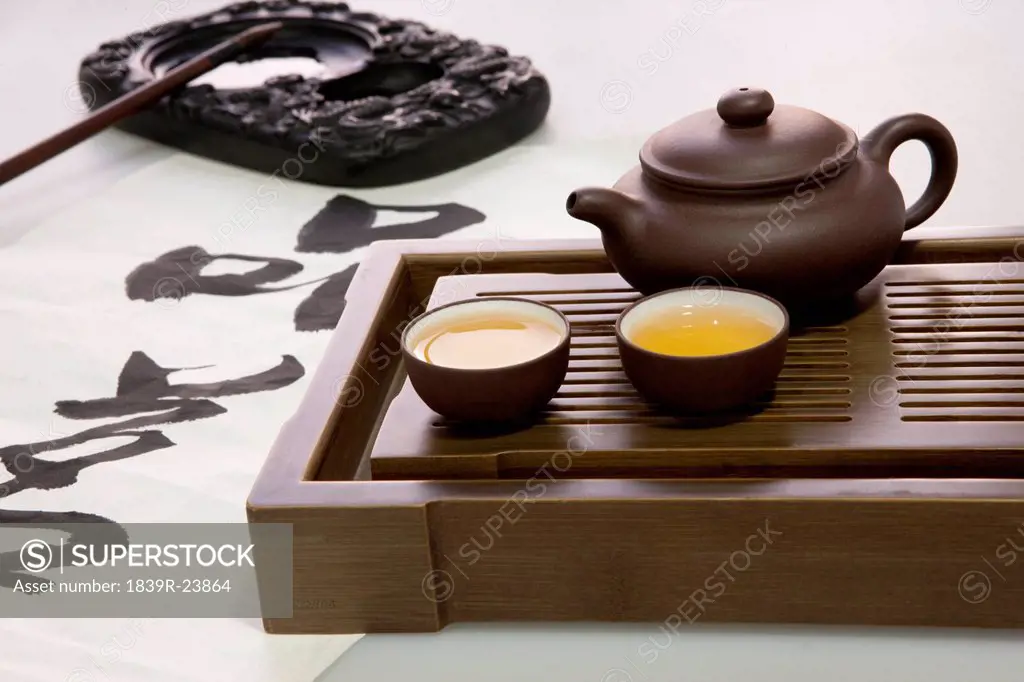 Tea set and Chinese calligraphy