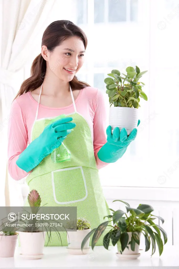 Young woman watering plant