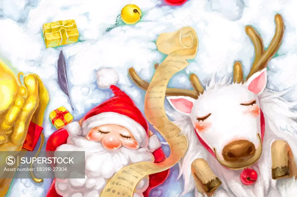 Santa Claus and Reindeer lying in the snow