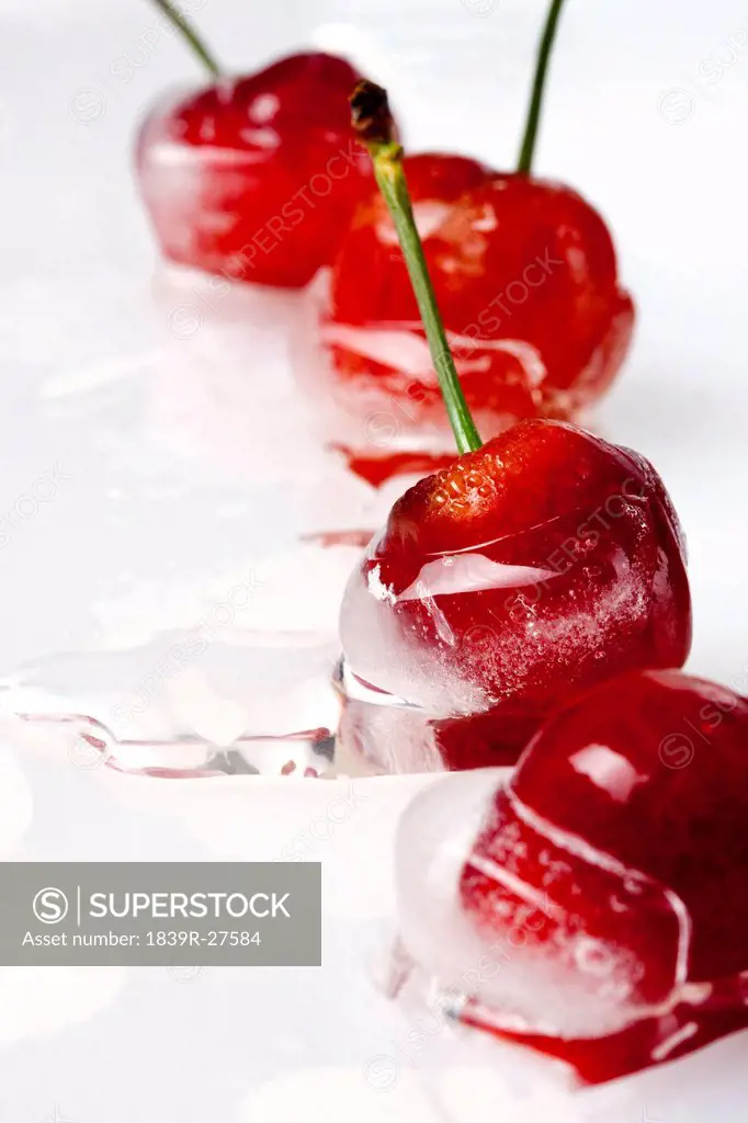 Frozen Cherries on White Background