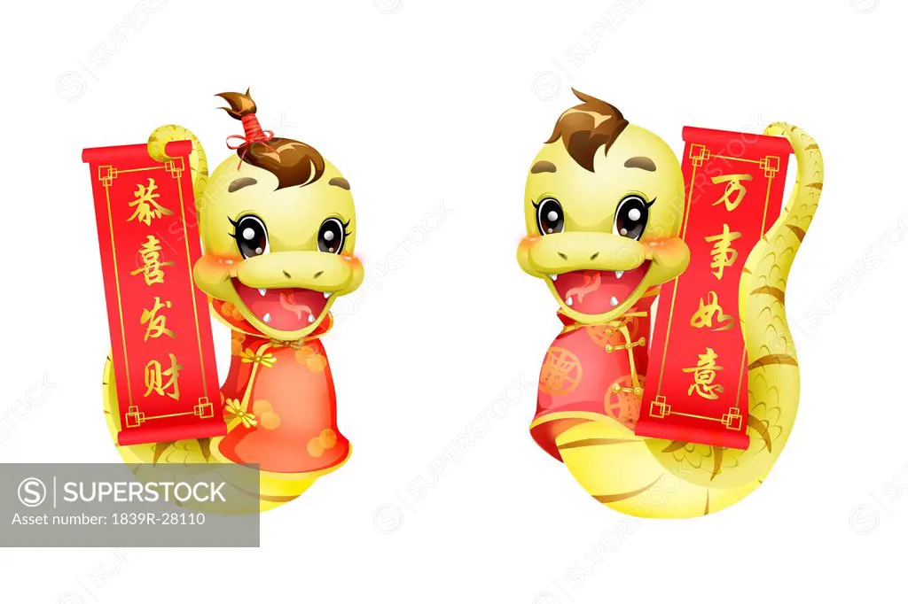 Cartoon snake and Chinese traditional couplets for Chinese year of snake