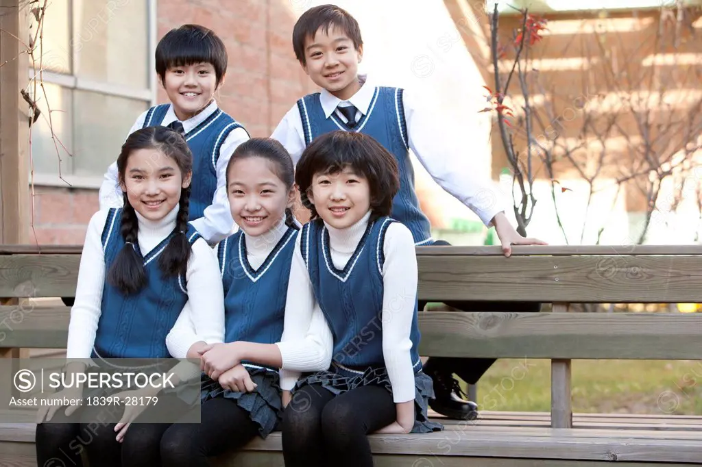 Five classmates sitting on a school bench