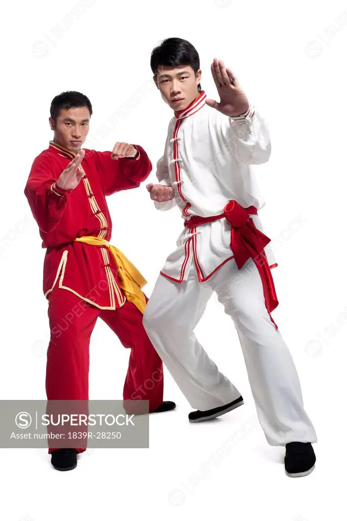 Two Men Doing Martial Arts in Traditional Chinese Clothing