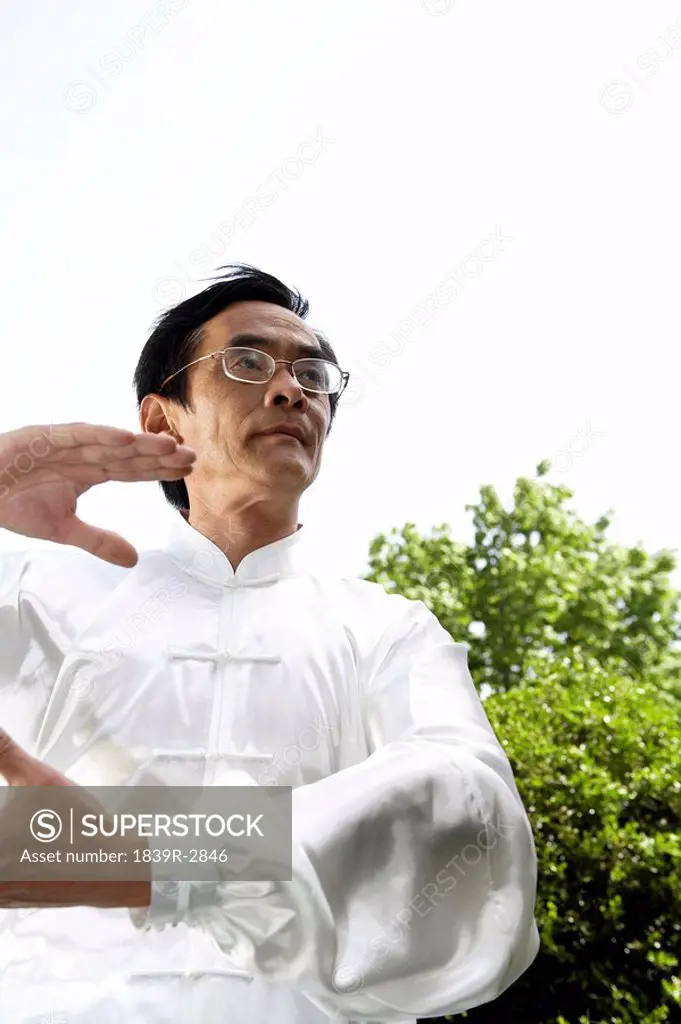 Man Practicing Martial Arts In Garden