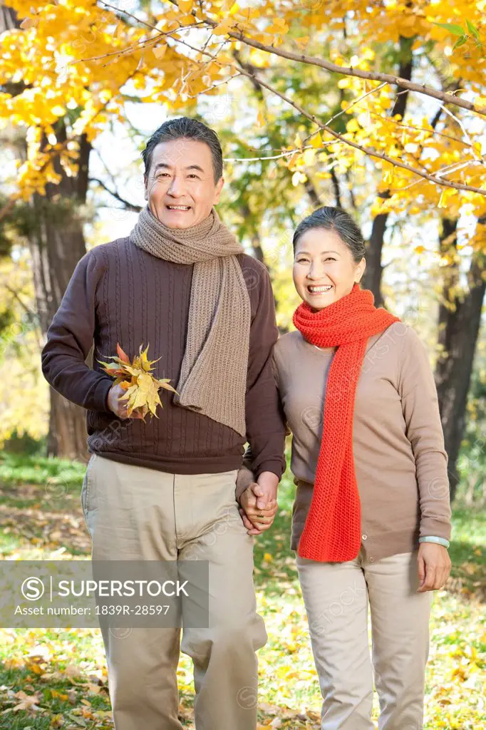 Senior couple walking in a park in Autumn