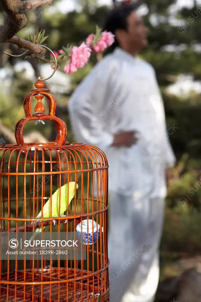 Man Holding Caged Bird, Focus On Cage