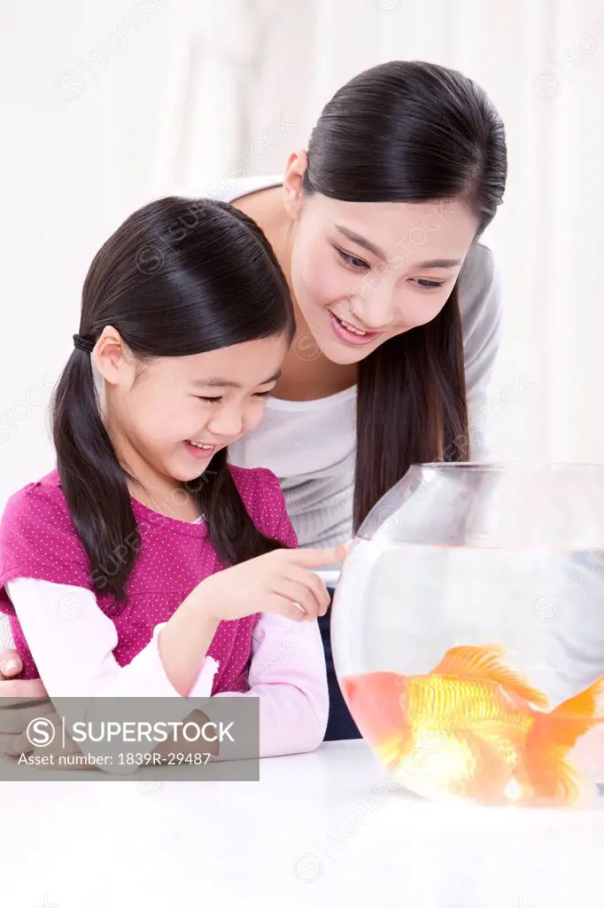 Mother and daughter having fun with goldfishes