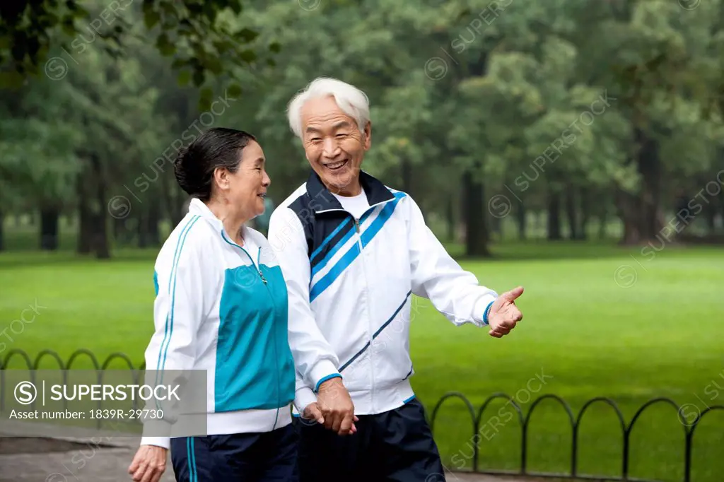 Senior Couple Walking Hand_In_Hand Through a Park