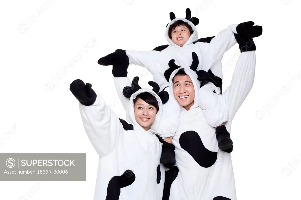 Family in cow costumes playing around