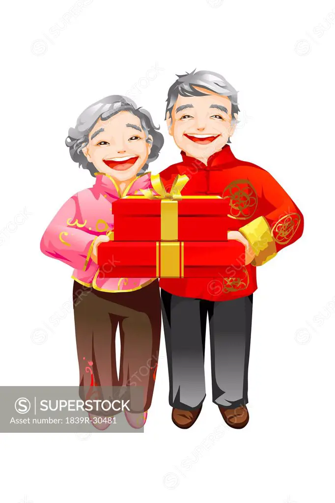 Senior couple holding gifts