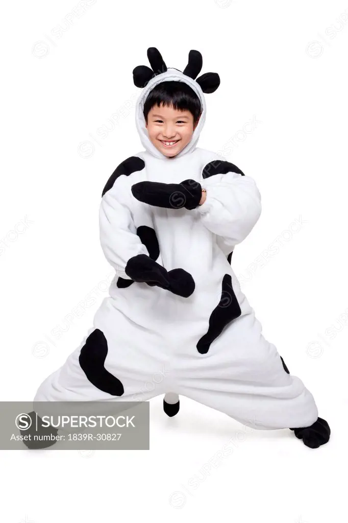 Boy Dressed in a Cow Costume Practicing Taiji