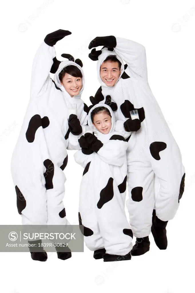 Family in cow costumes with glasses of milk playing around