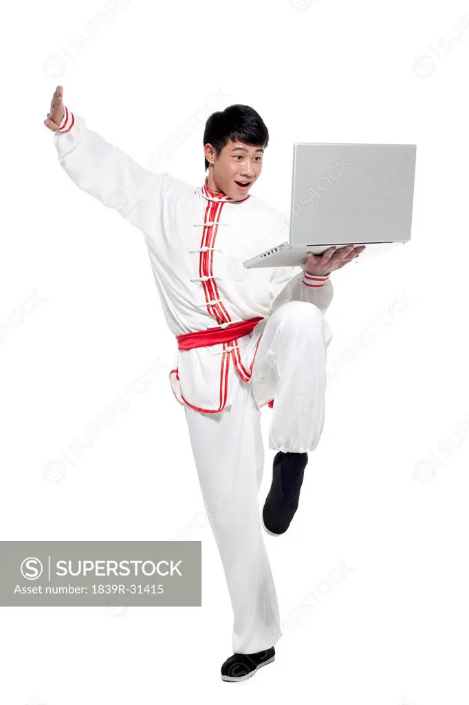 Excited Man in Traditional Chinese Clothing