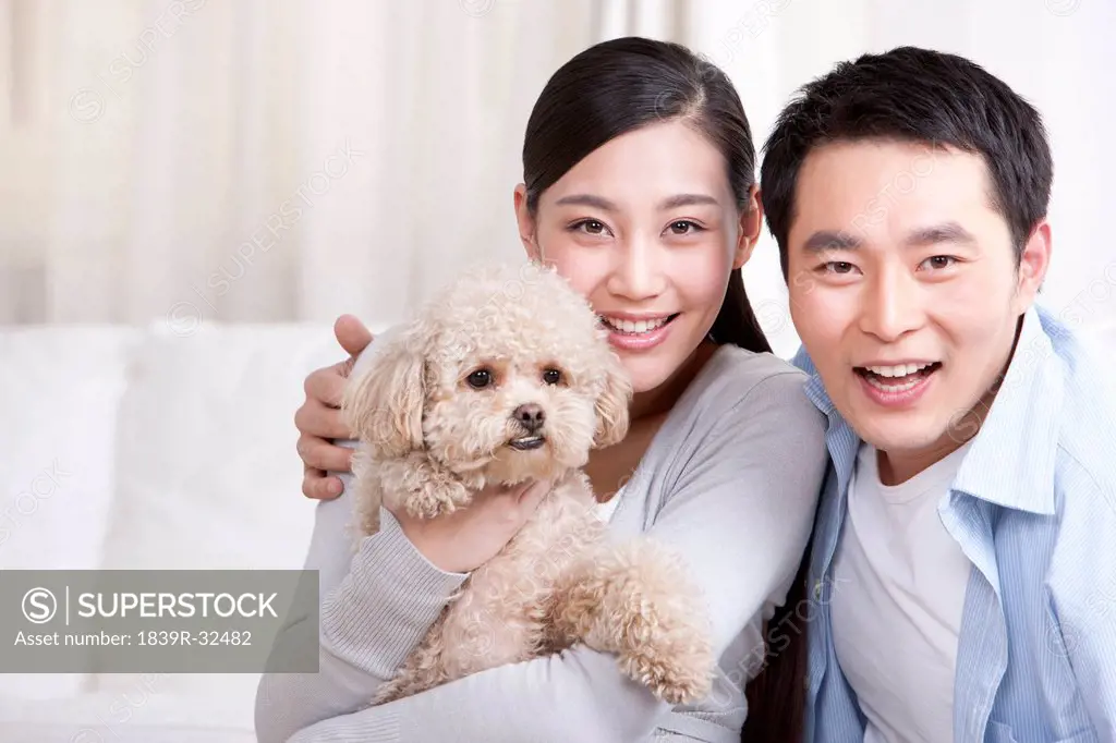 Young couple playing with a pet toy poodle