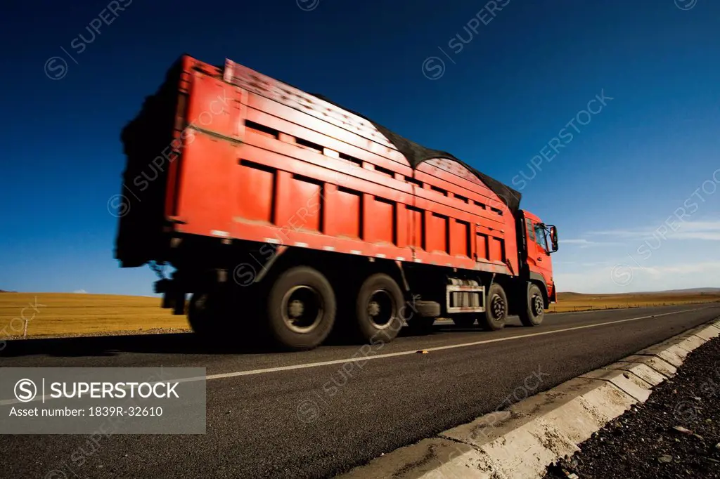 Truck on highway in Qinghai province, China