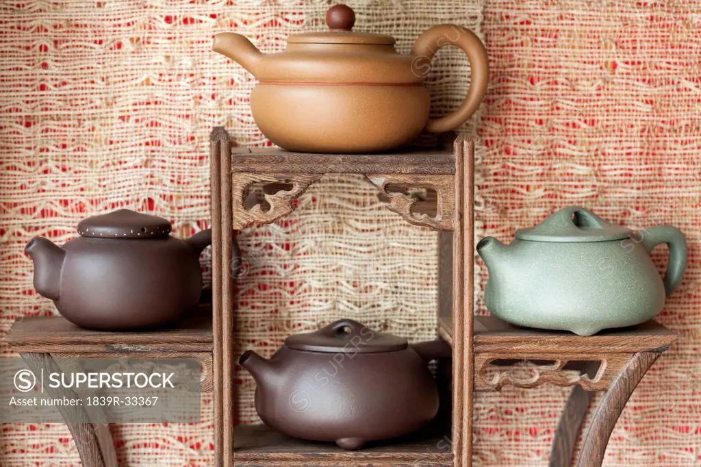 Close up of traditional Chinese teapots