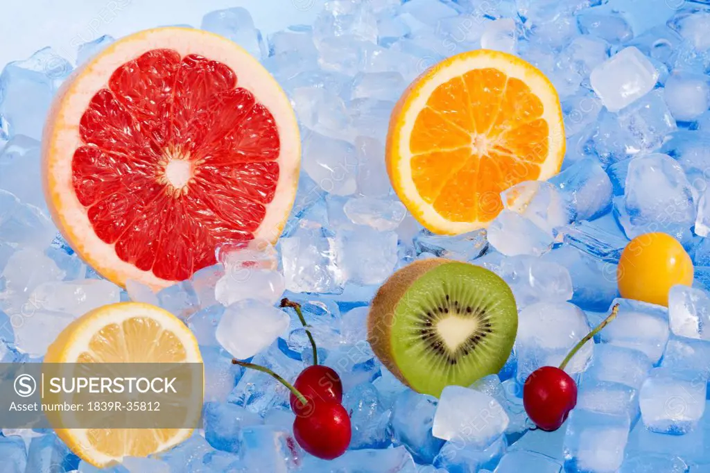 Fruits and ice cubes