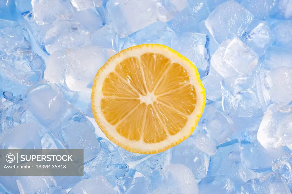 Freshly sliced lemon on ice