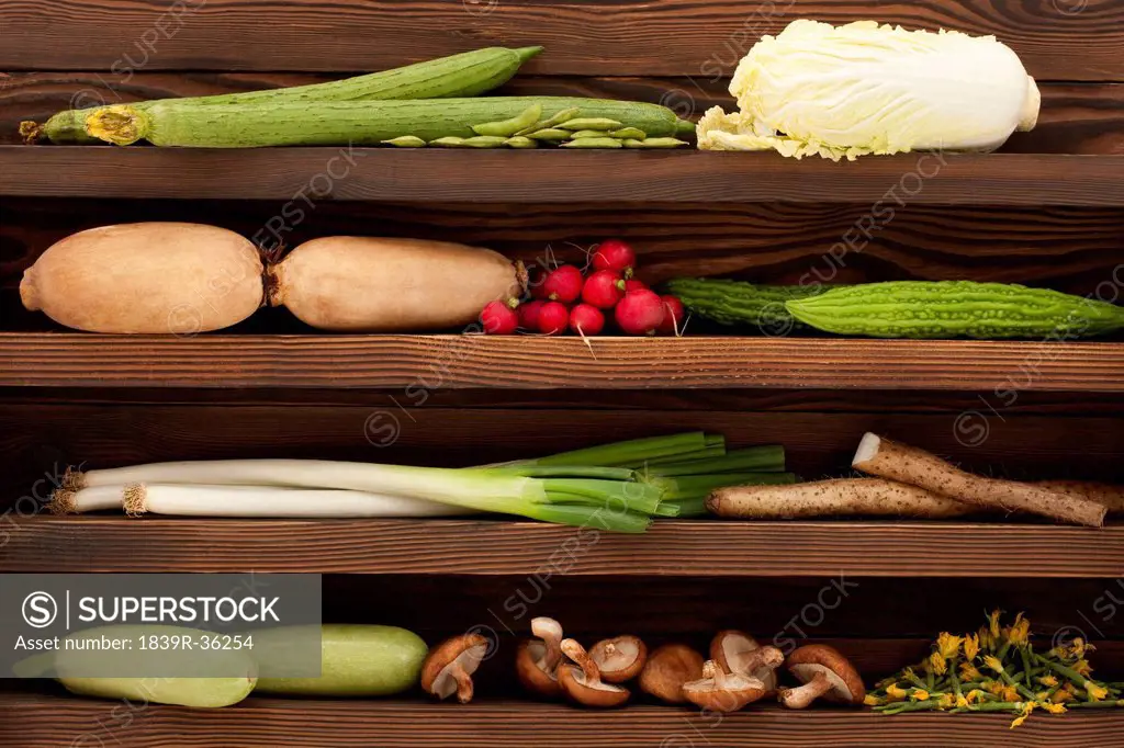 Various fresh vegetables on wooden shelf