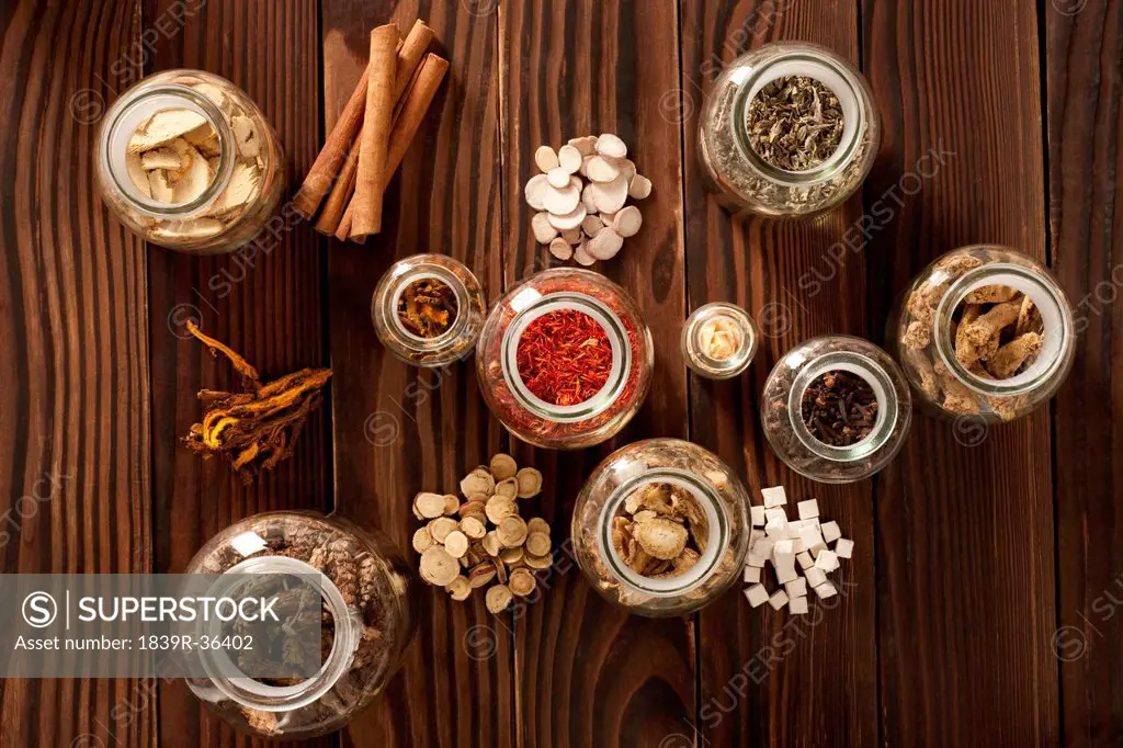 Various Chinese medical herbs in jars