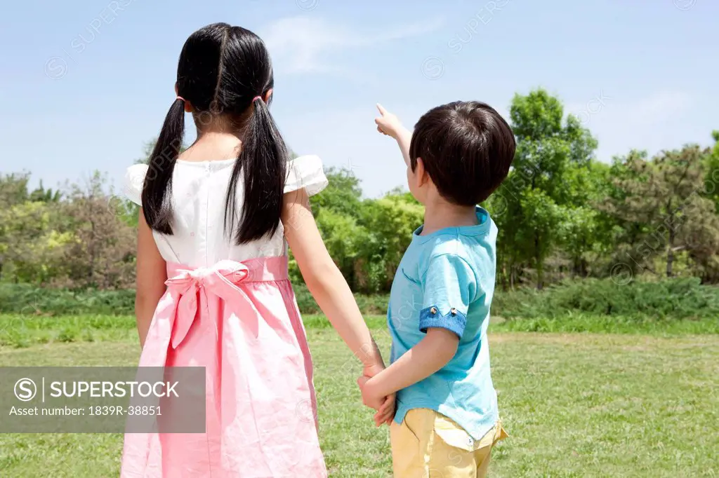 Young Chinese boy and girl pointing to the sky in a park