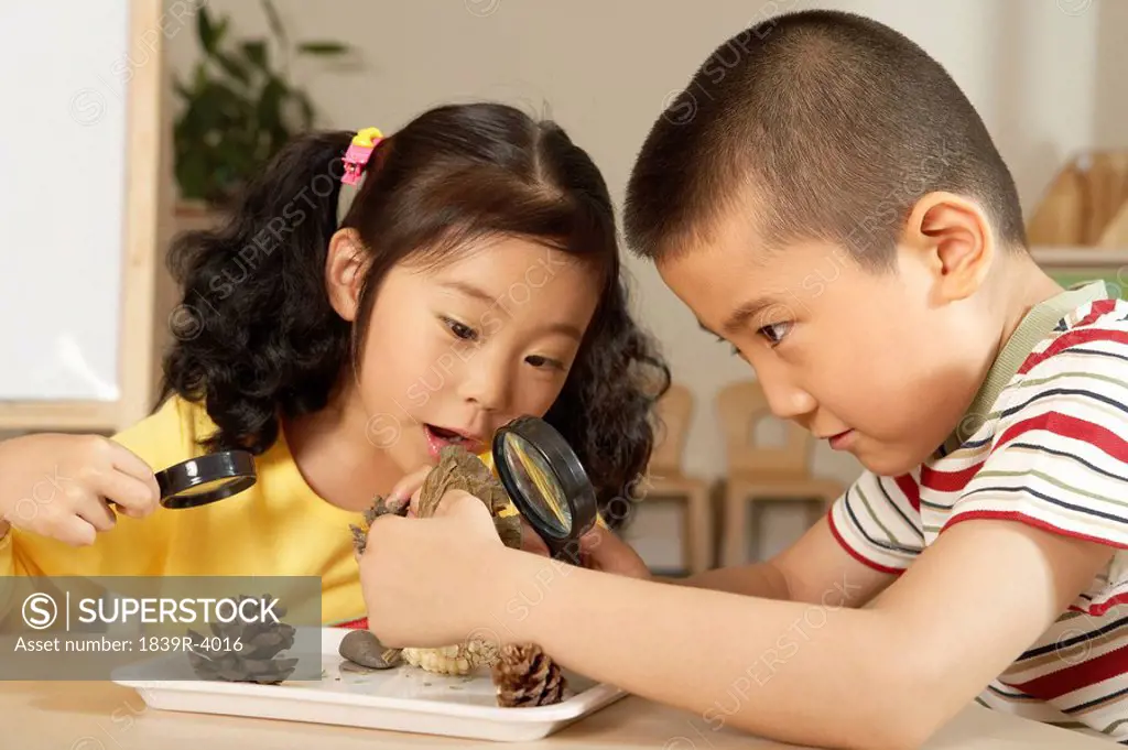 Young Children With Magnifying Glasses And Seeds