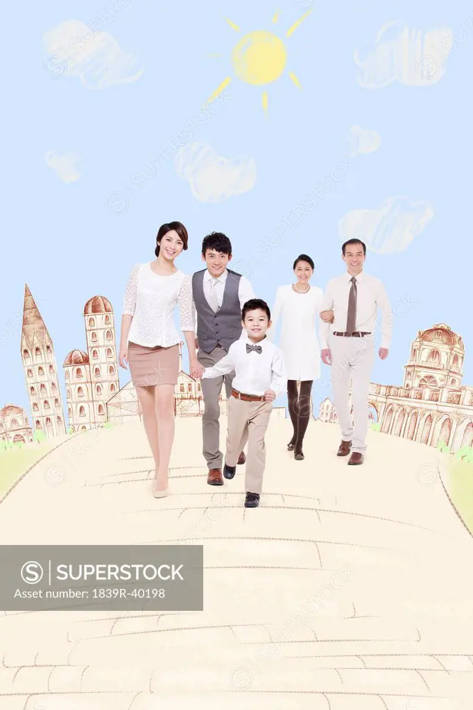 Happy family walking forward