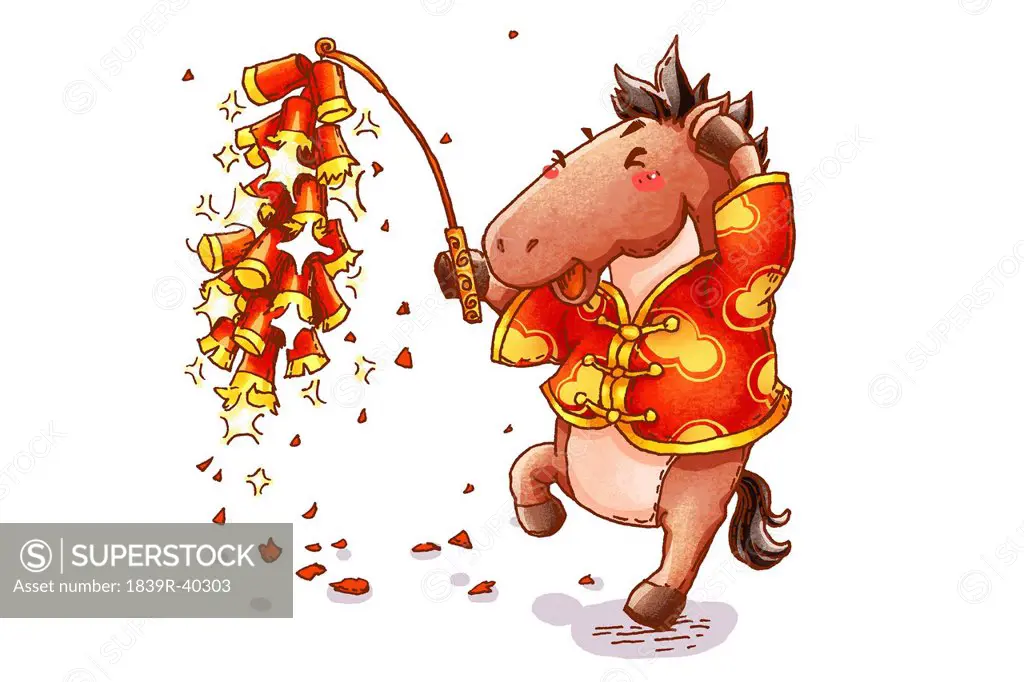 Cute horse with firework celebrating Chinese New Year