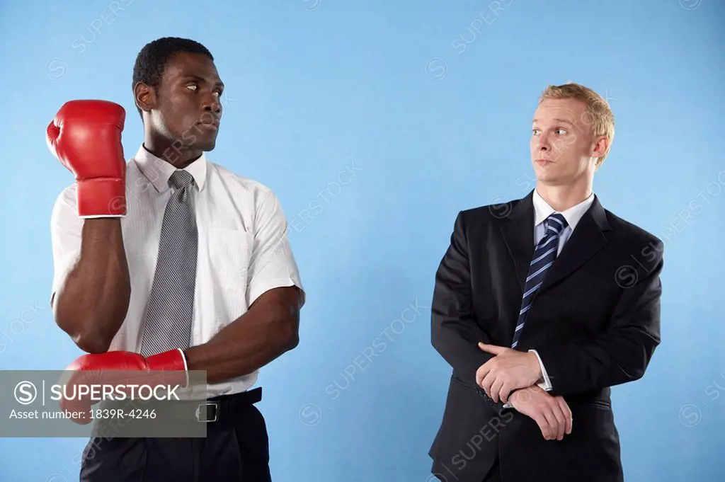 Businessman Wearing Boxing Gloves Looking At Another Businessman