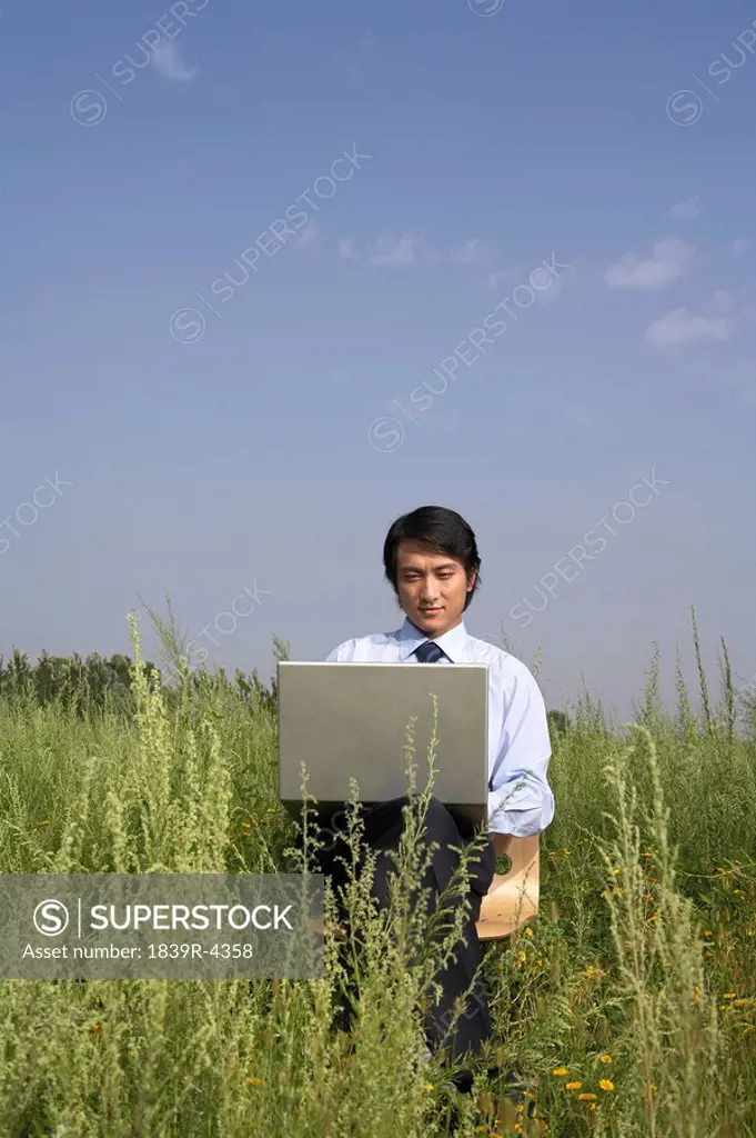 Businessman In A Field With A Computer