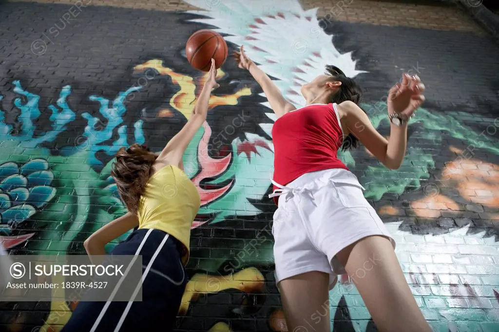 Teenage Girl Jumping For Ball Next To Spay Painted Mural