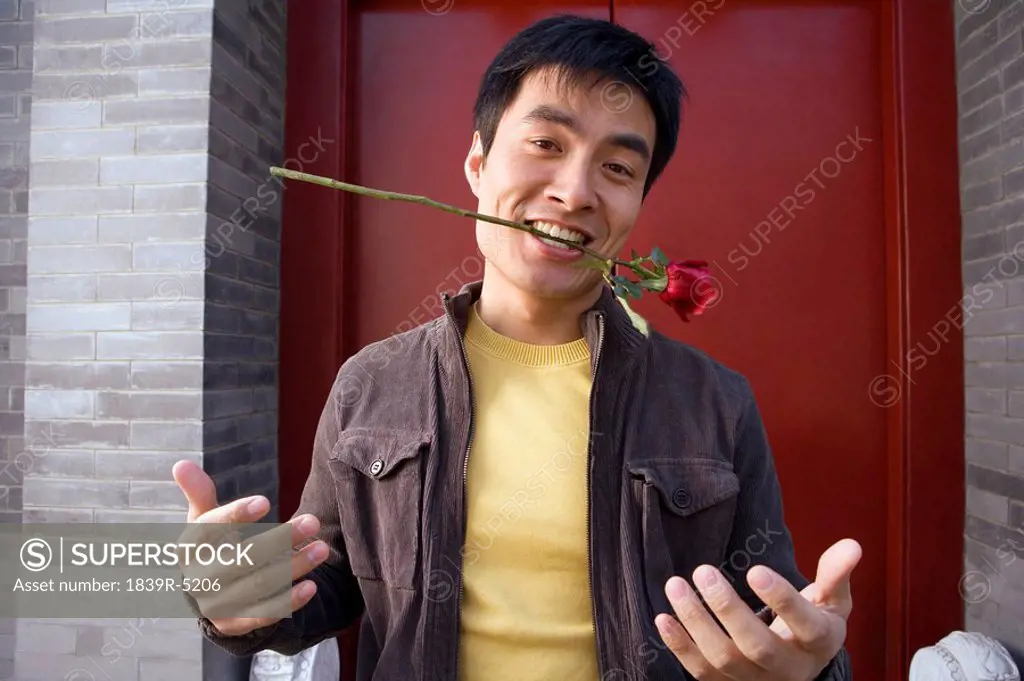 Young Man Gesturing Outside Front Door Holding A Rose In His Mouth