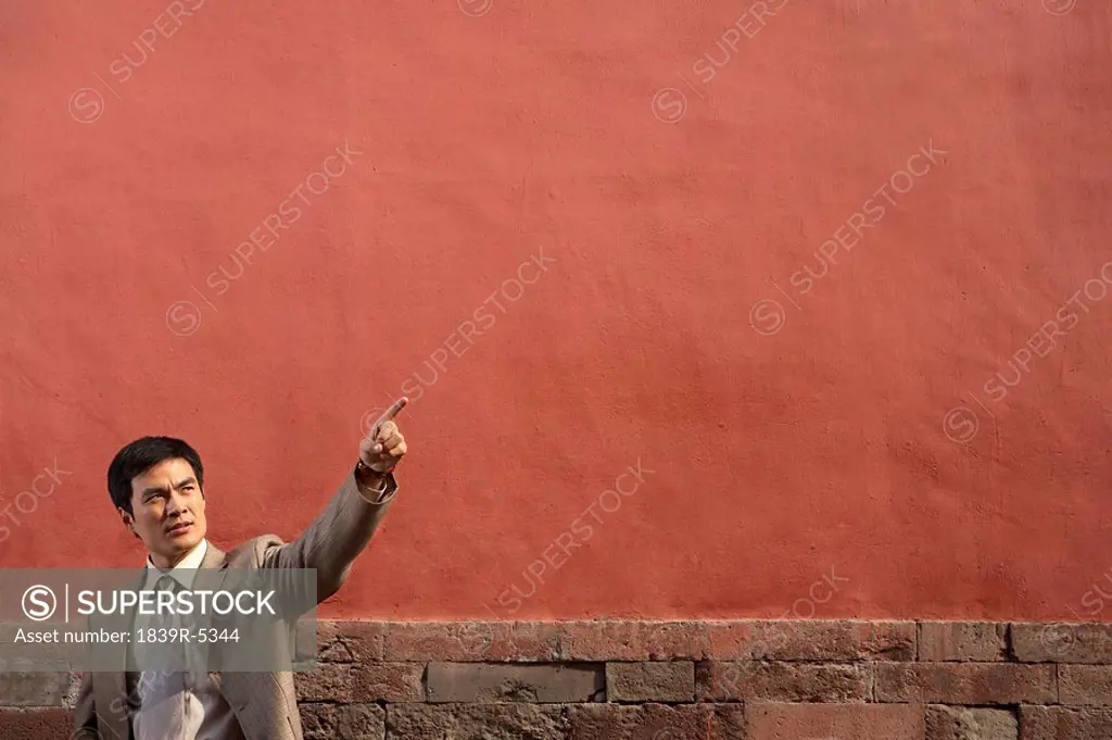 Businessman Standing Against Stone Wall