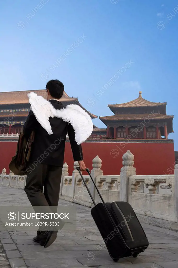 Man Wearing White Wings, Pulling A Suitcase