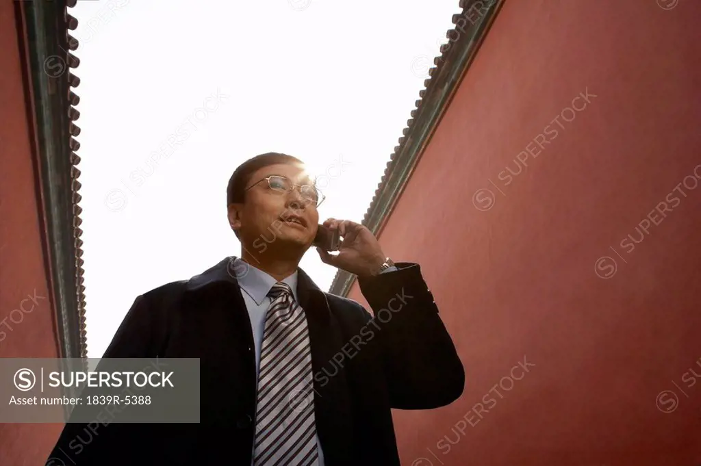 Businessman On Cellphone Standing Next To Building