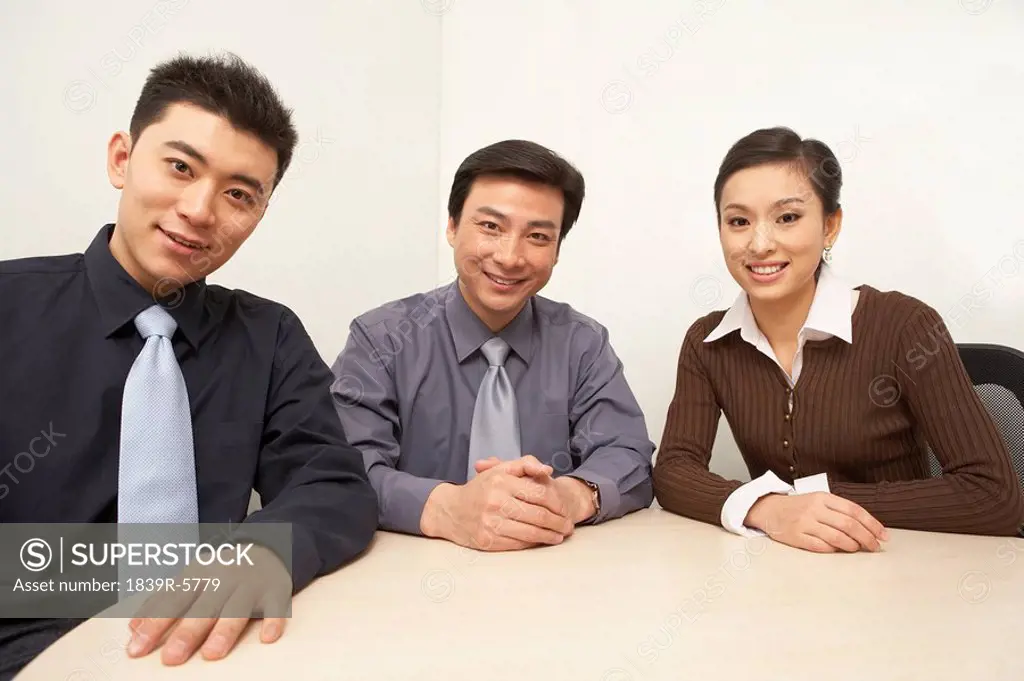 Businesspeople Sitting Around A Conference Table, Smiling