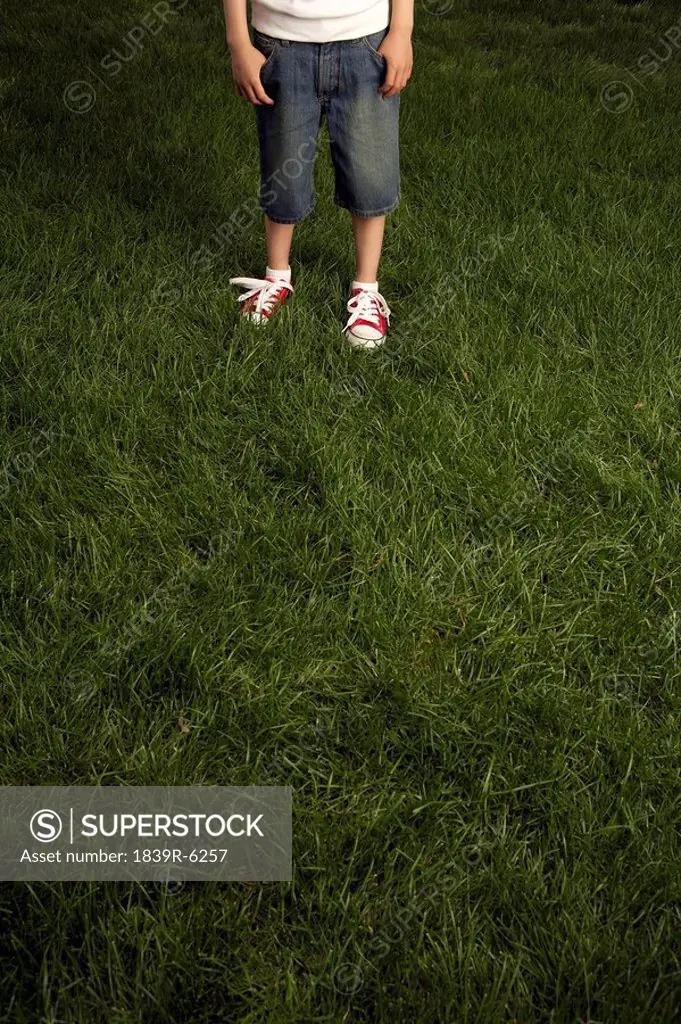 Low Section Shot Of Boy Standing In Grass