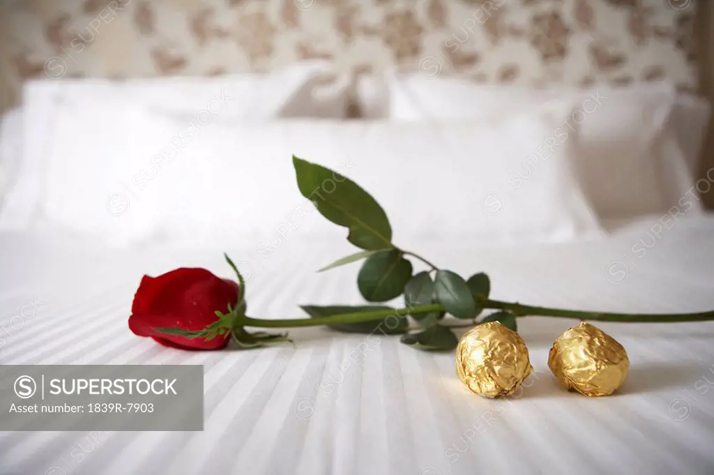 Rose and chocolates on a white bed