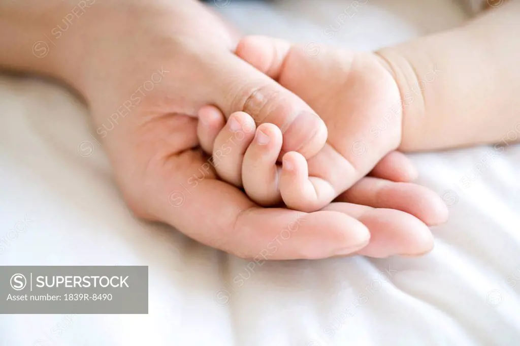 Hand holding infant hand
