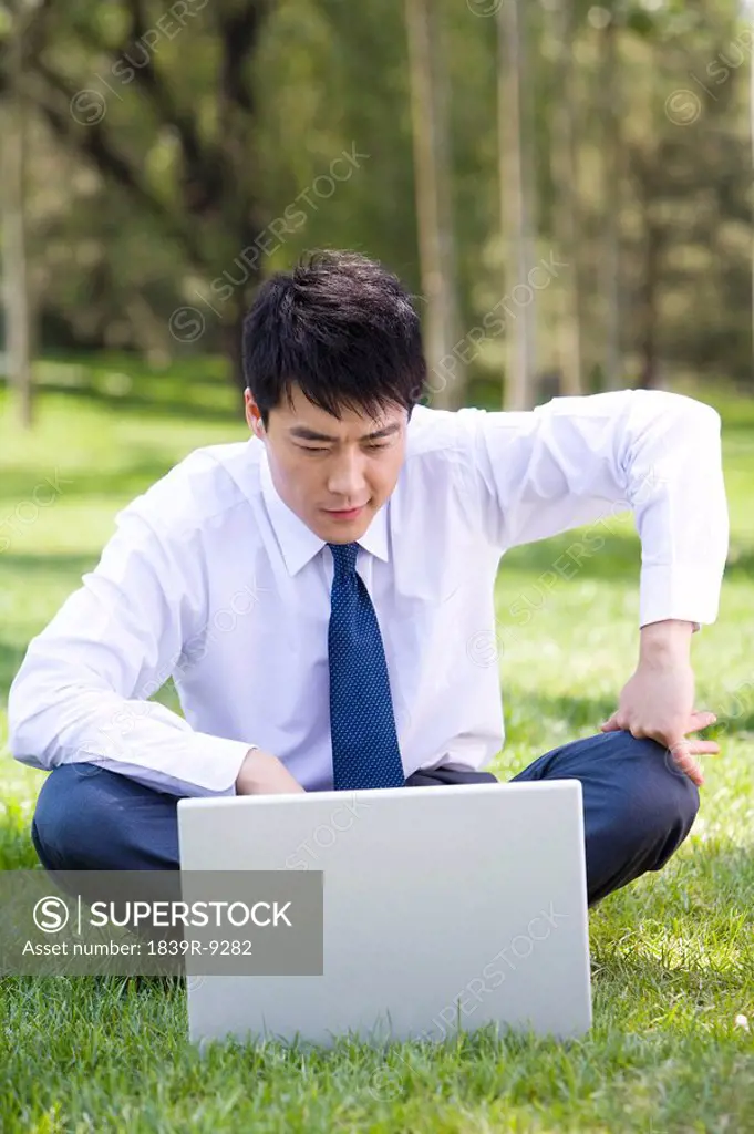 Businessman in the park with laptop