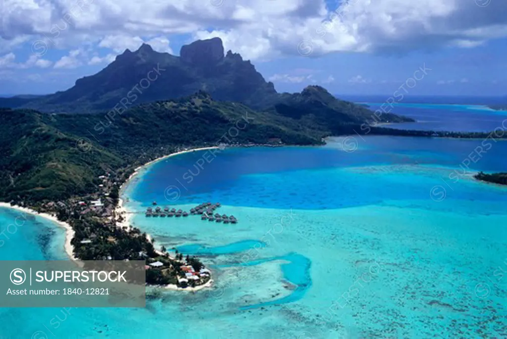 Aerial view of the island of Bora Bora in the Society Islands of French Polynesia, South Pacific.