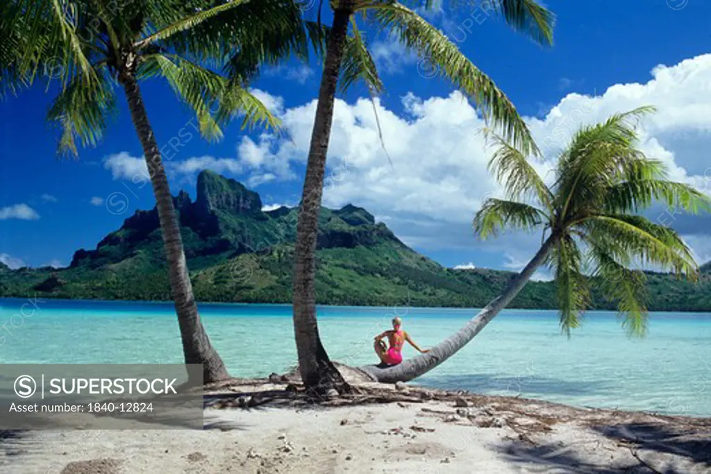 Woman under palm tree on Bora Bora, Society Islands, French Polynesia, South Pacific